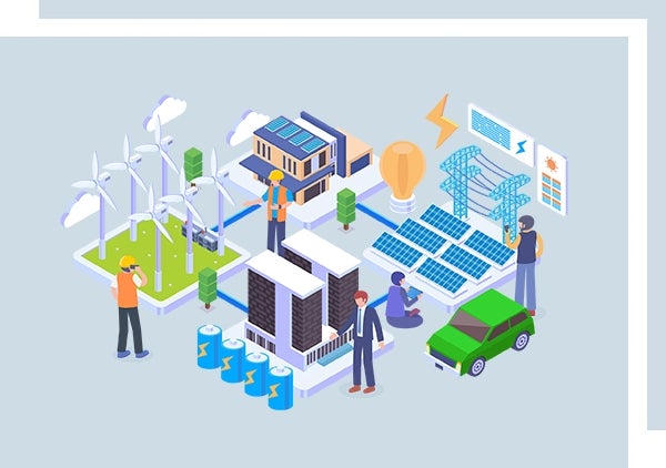 Illustration depicting teams of engineers building the digital Smart Grid using their computer science skills for the green energy transition