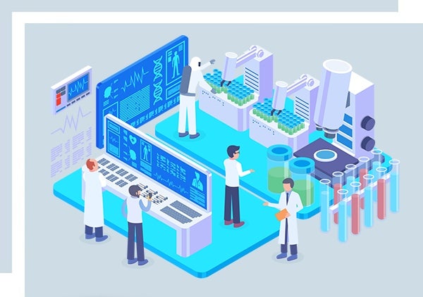 Illustration of computer scientists developing software and databases to securely store patient's health data