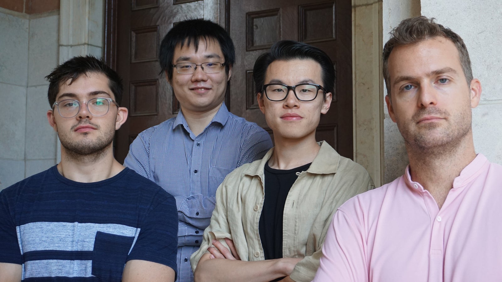 Under the direction of Anastasios Kyrilldis (right), OptimaLab members Cameron Wolfe, Chen Dun, and Jasper Liao tackle neural network training algorithms with NSF-Intel Grant. 