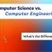 Comparison graphic illustrating the differences between computer science and computer engineering fields.